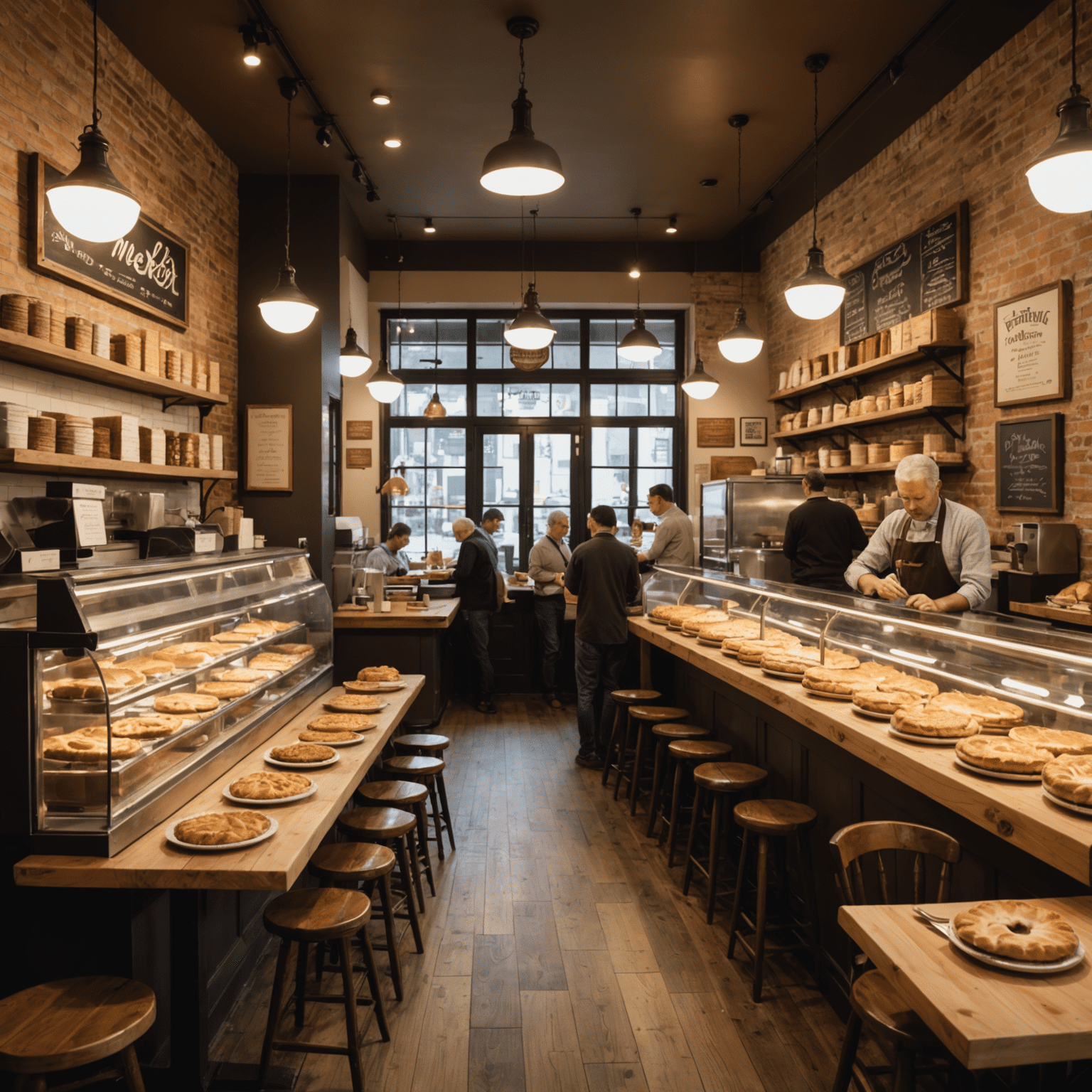 A warm, inviting interior of Merier Bakery with rustic wooden tables, soft lighting, and the aroma of freshly baked pies filling the air. Customers are seen enjoying slices of colorful pies and steaming cups of coffee.