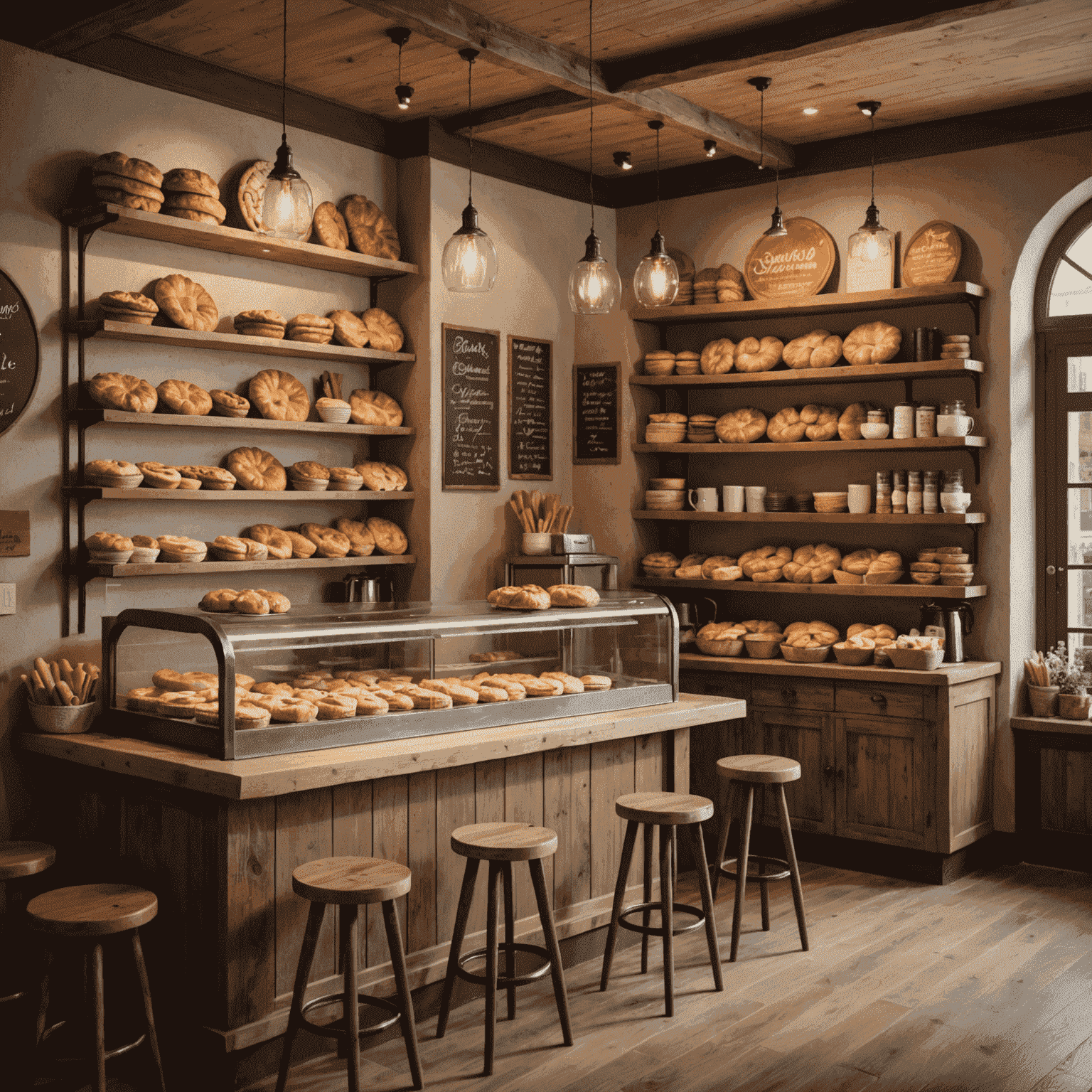 A warm, inviting bakery interior with rustic wooden shelves filled with freshly baked pies and a cozy seating area with customers enjoying coffee