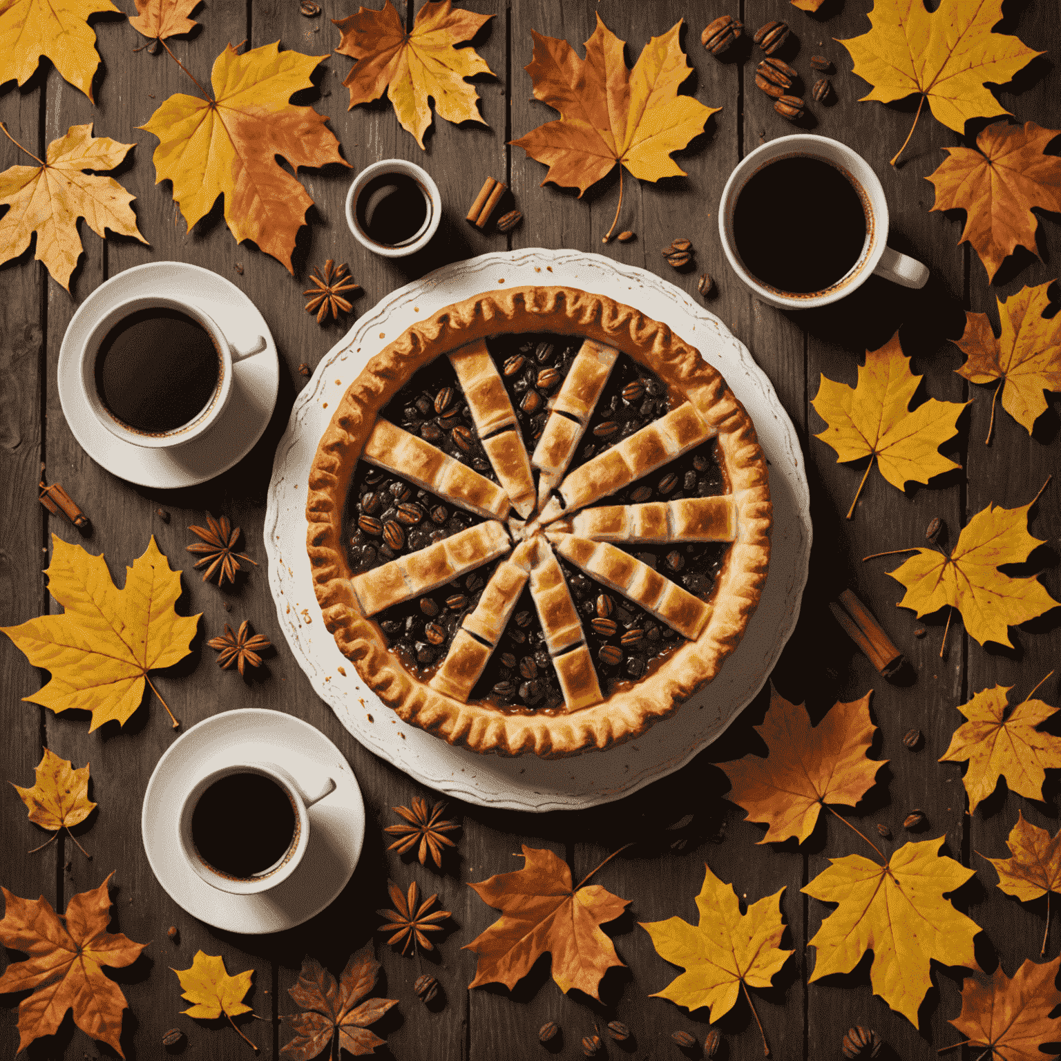 A rustic wooden table with a freshly baked American pie and a steaming cup of coffee, surrounded by autumn leaves