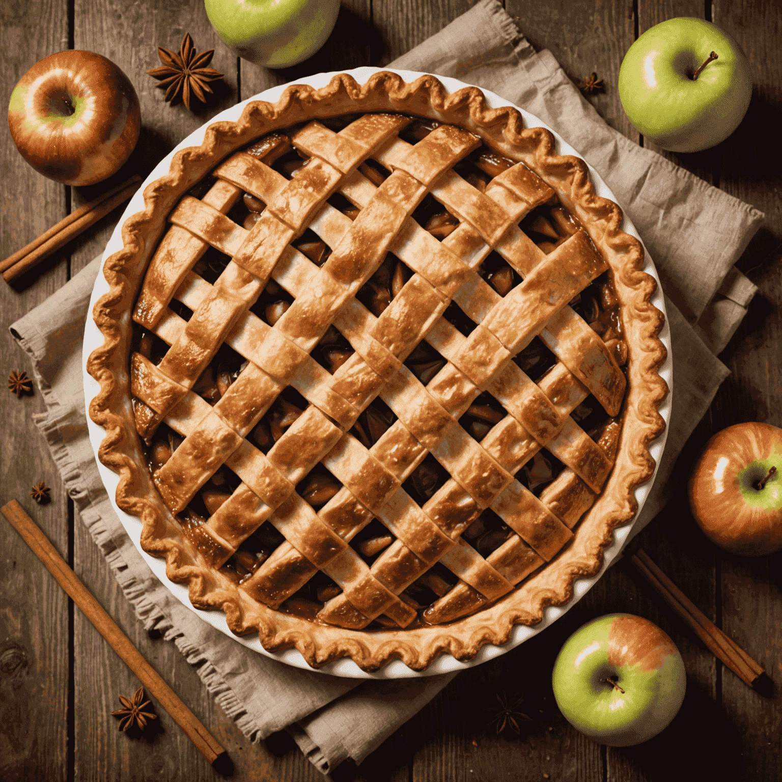 A golden-brown apple pie with a lattice crust, steam rising, placed on a rustic wooden table with fresh apples and cinnamon sticks scattered around