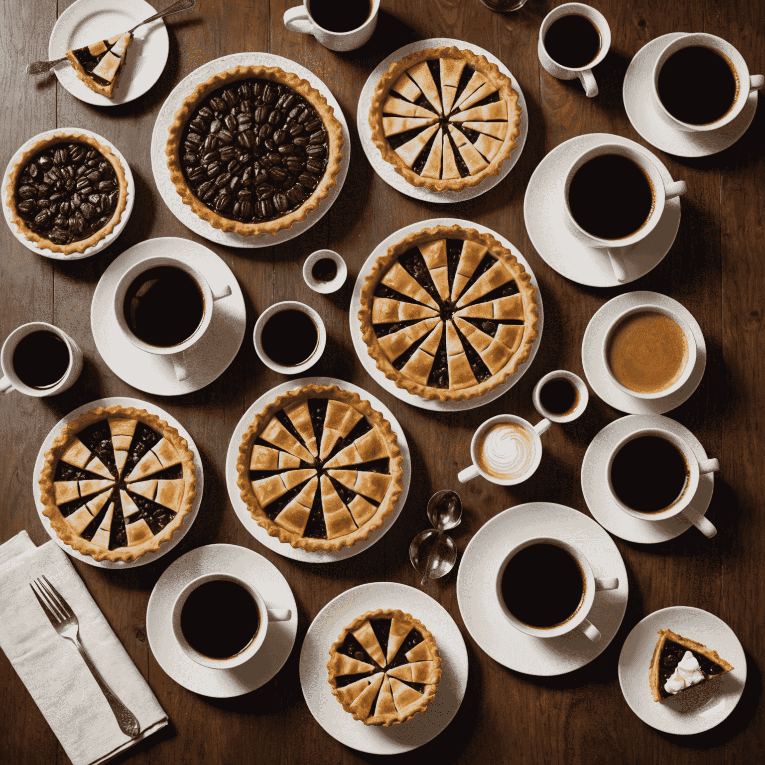 A beautifully arranged table with various slices of pie next to different coffee cups, showcasing the art of coffee and pie pairing