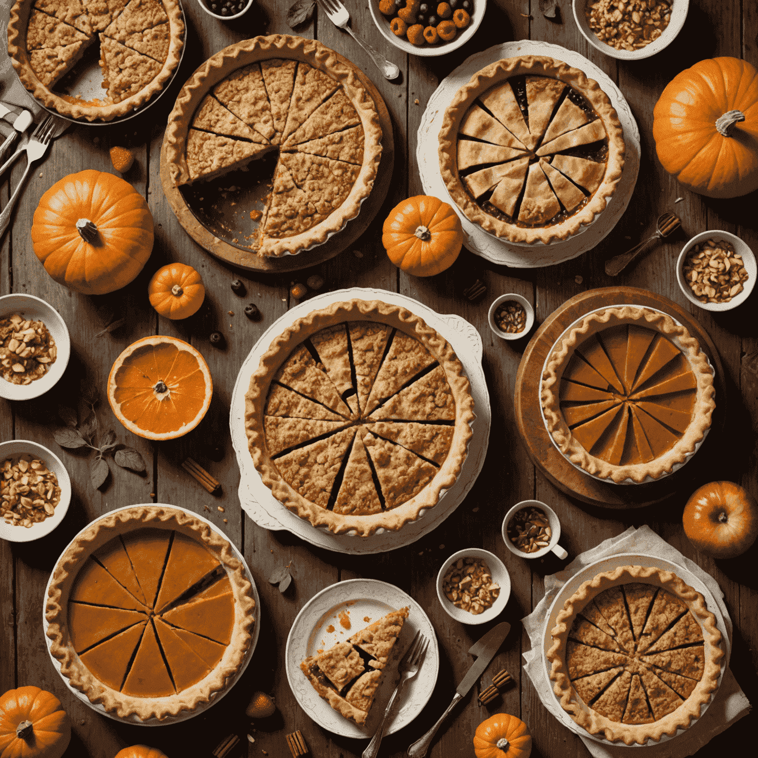 A rustic wooden table with an assortment of freshly baked seasonal pies. Visible are slices of pumpkin pie, apple crumble, and berry pie, garnished with fresh fruits and herbs.