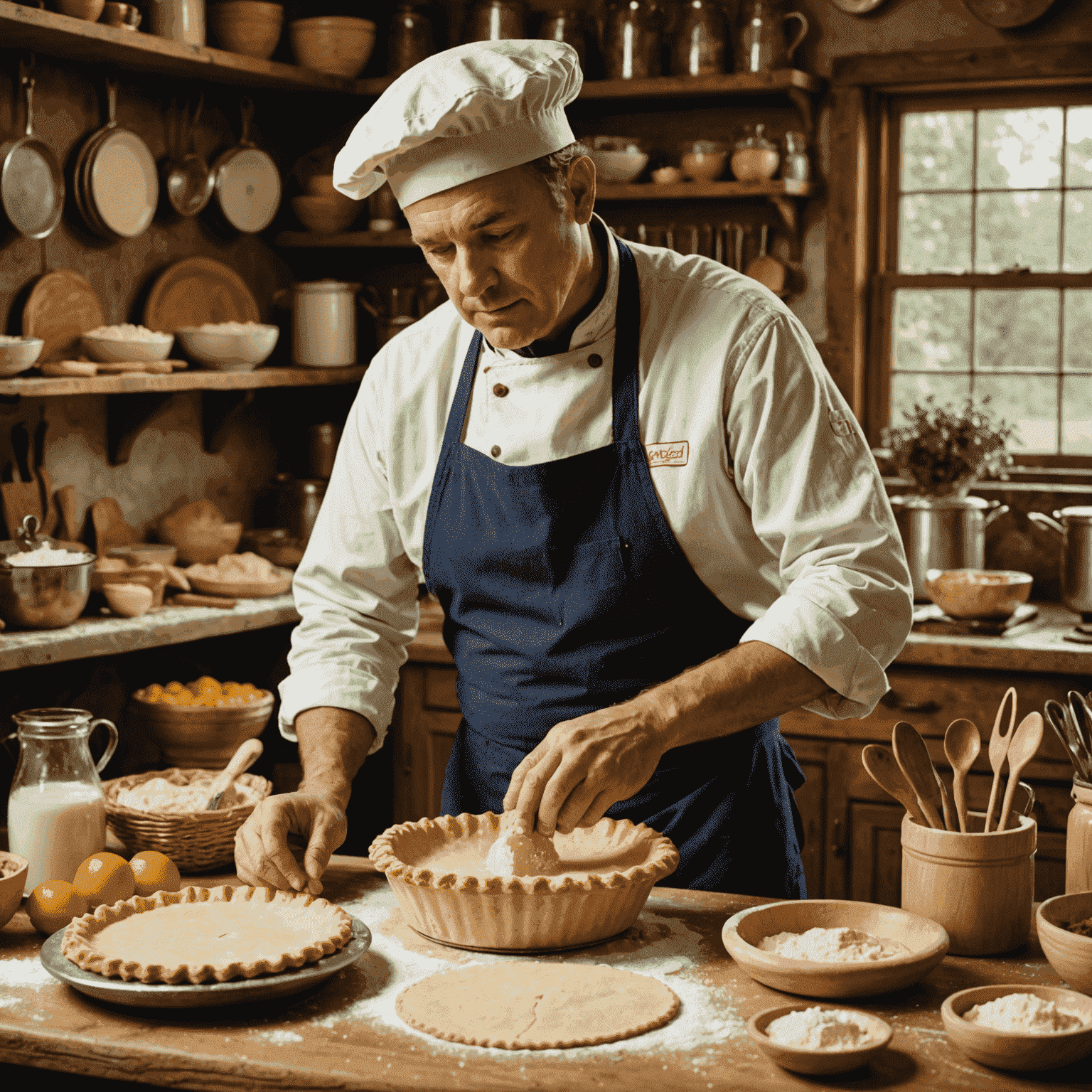 A master baker demonstrating pie crust techniques in a rustic kitchen, surrounded by fresh ingredients and baking tools