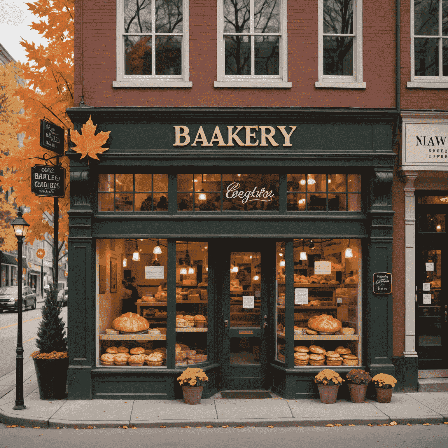 A cozy American-style bakery nestled in a charming Canadian street, with a maple leaf-shaped sign and warm, inviting windows displaying pies and pastries