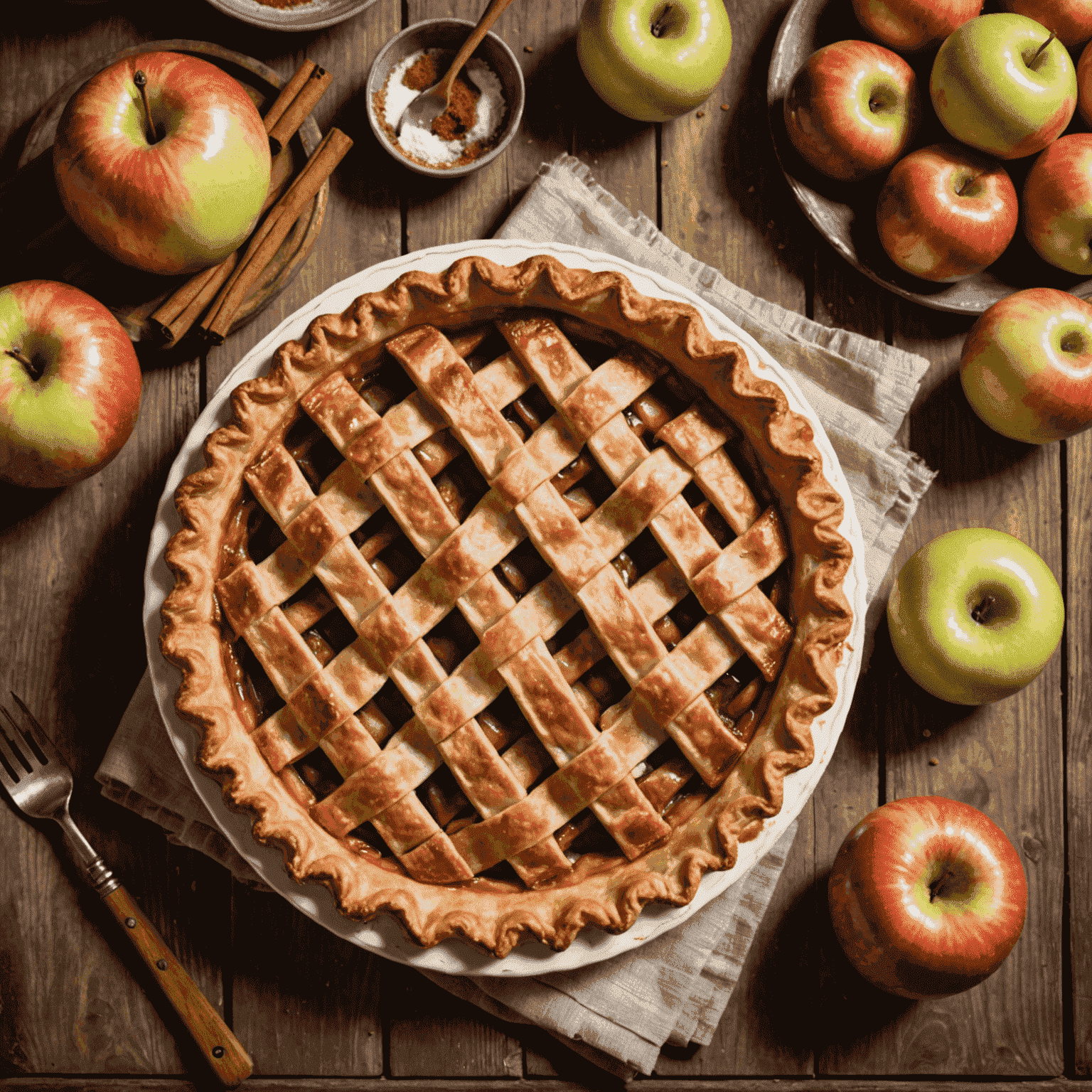 A golden-brown apple pie with a lattice crust, sprinkled with cinnamon sugar, sitting on a rustic wooden table with fresh apples nearby.