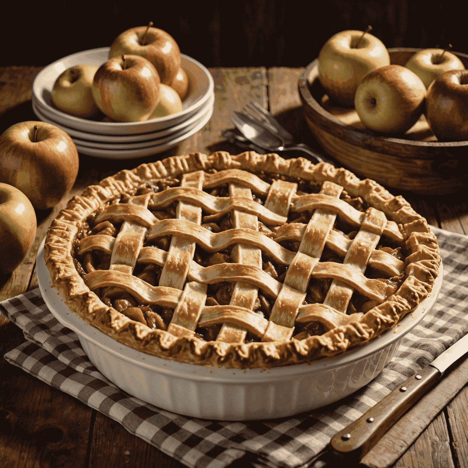 A golden-brown apple pie with a lattice crust, steam rising from freshly baked apples, placed on a rustic wooden table with a checkered cloth