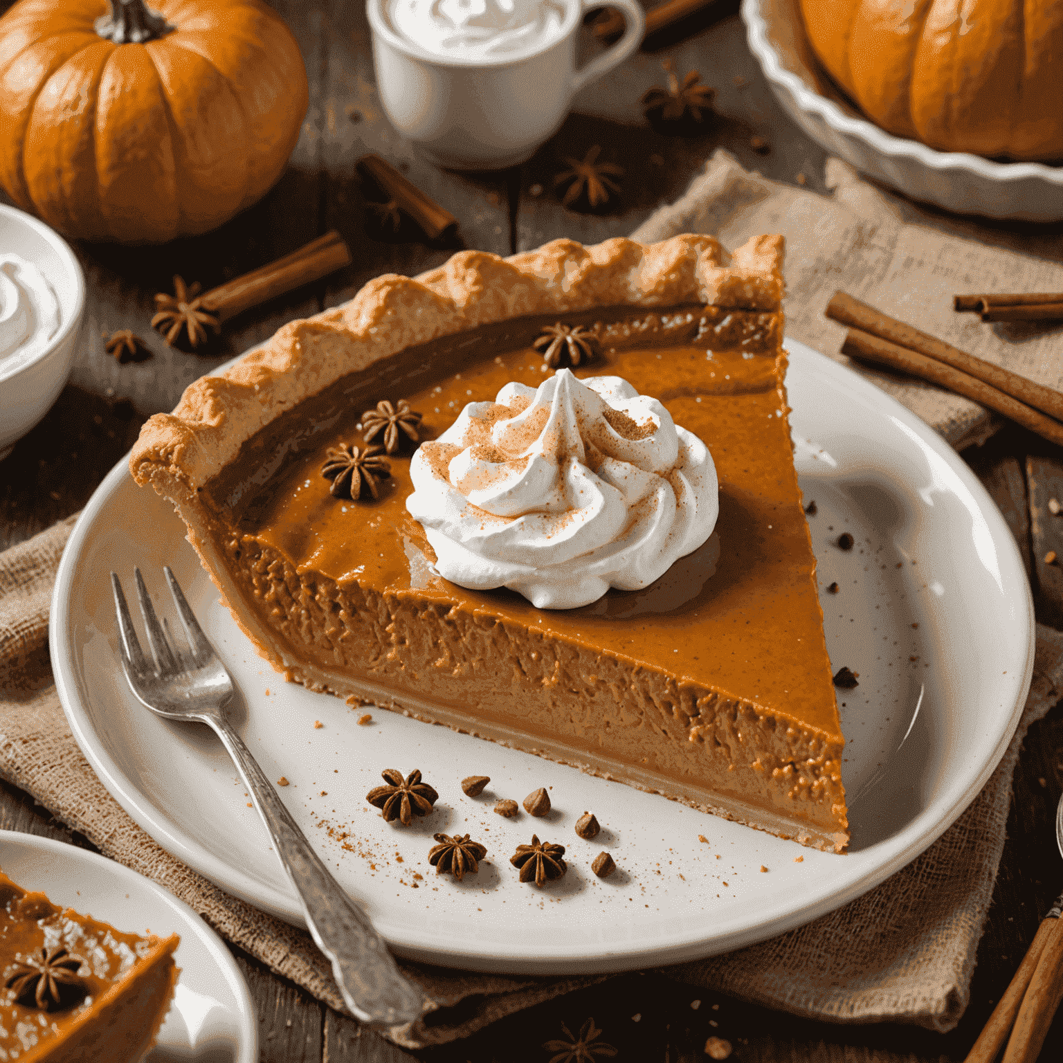 A golden-brown pumpkin pie with a dollop of whipped cream and a sprinkle of cinnamon on top