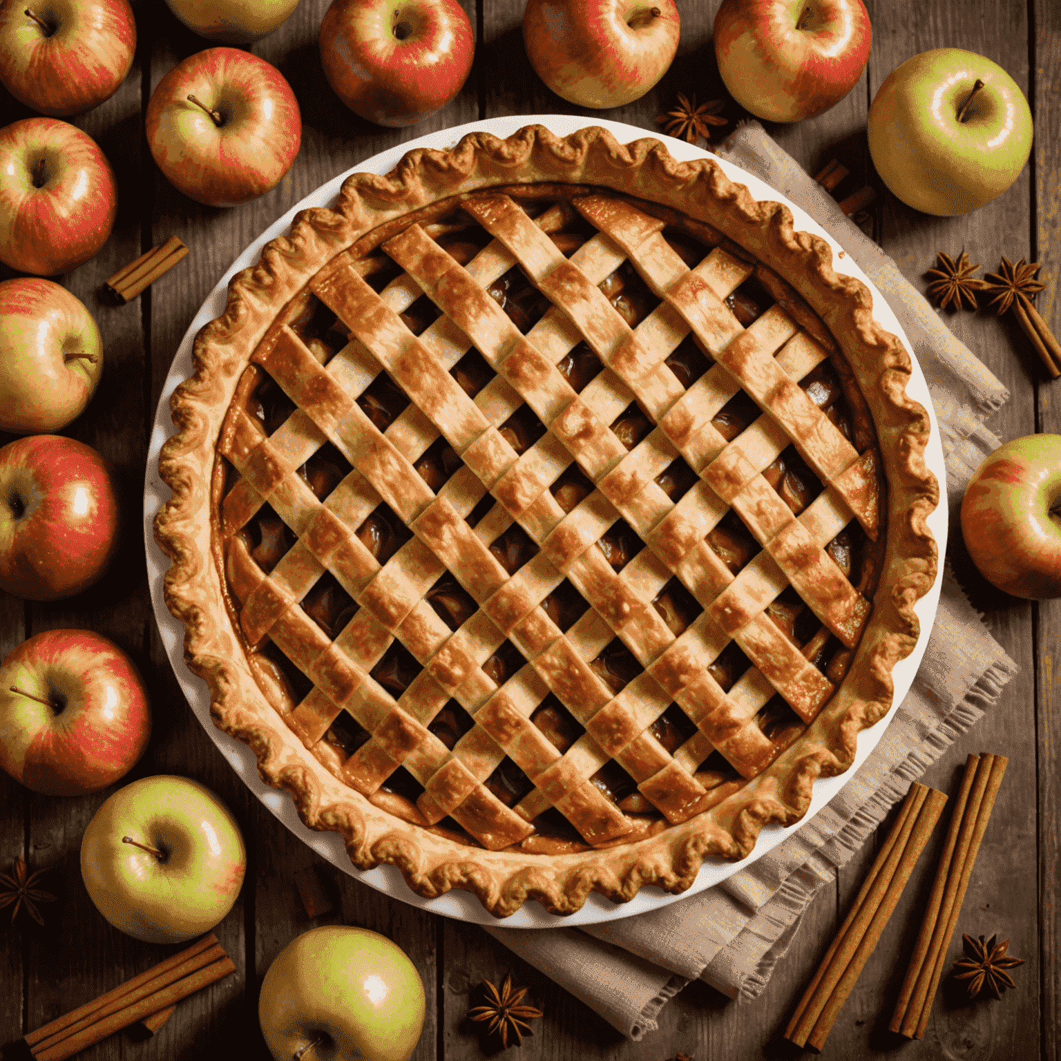 A beautifully latticed apple pie with a golden crust, sitting on a rustic wooden table with fresh apples and cinnamon sticks scattered around