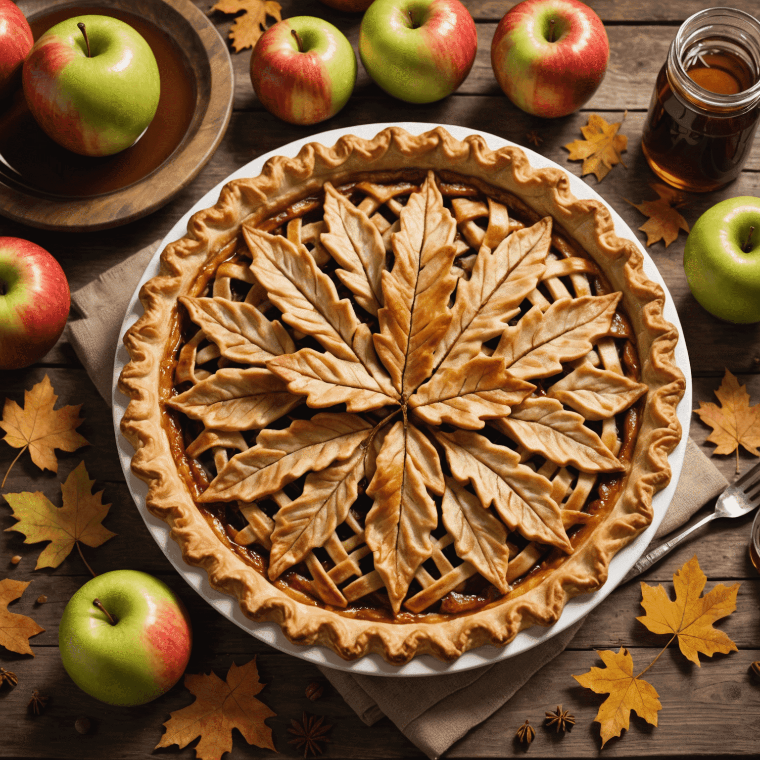 A beautifully crafted apple pie with a maple leaf design on the crust, sitting on a rustic wooden table with Canadian maple syrup and fresh apples in the background