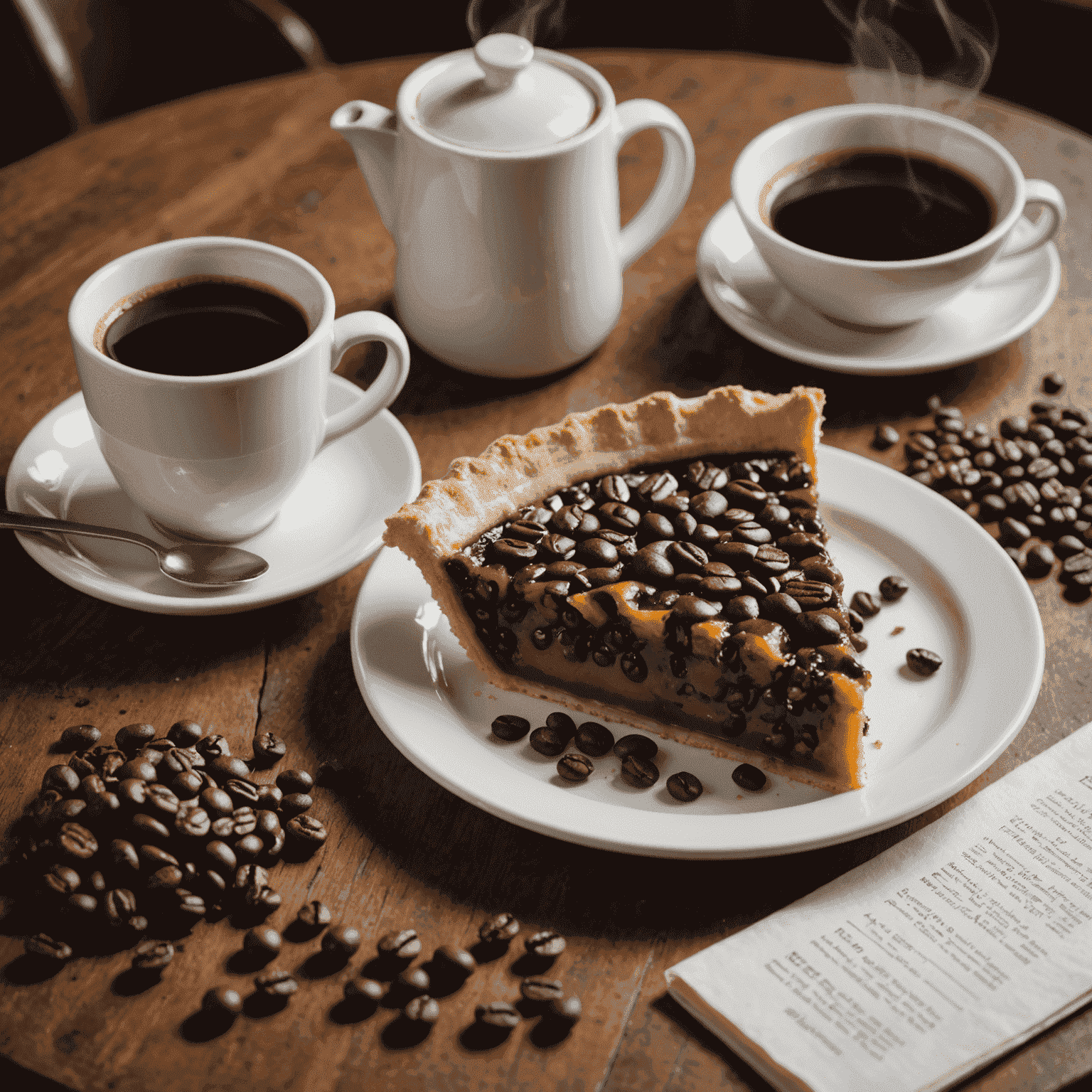 A slice of pie on a plate next to a steaming cup of artisanal coffee, with various coffee beans and brewing equipment in the background.