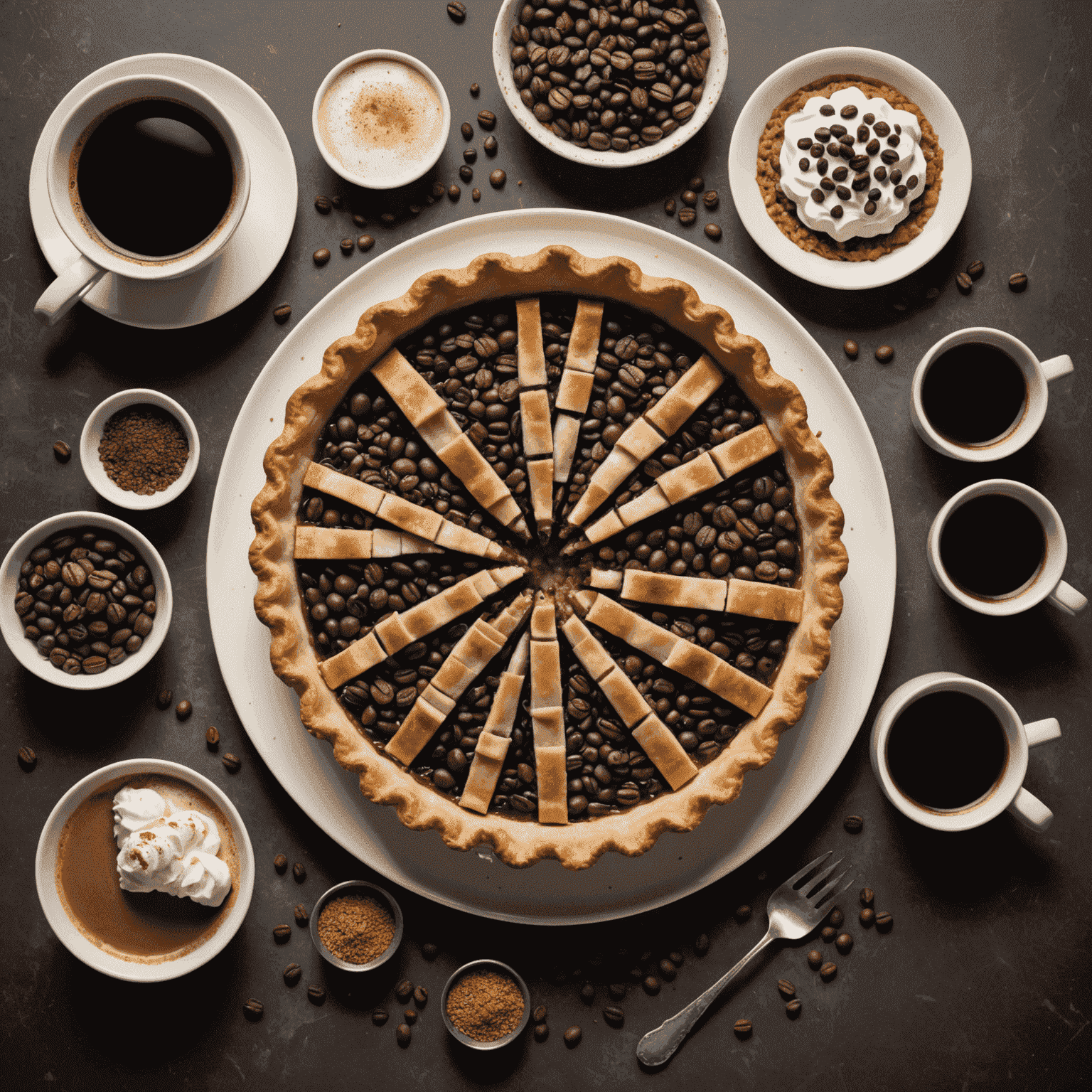 A slice of pie next to a steaming cup of coffee, with various coffee beans and pie ingredients artfully arranged around them