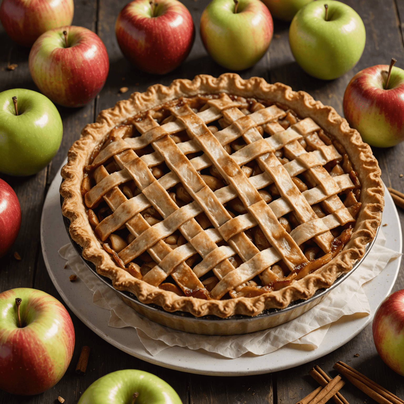 A lattice-topped apple pie with visible chunks of cinnamon-coated apples and a golden-brown crust