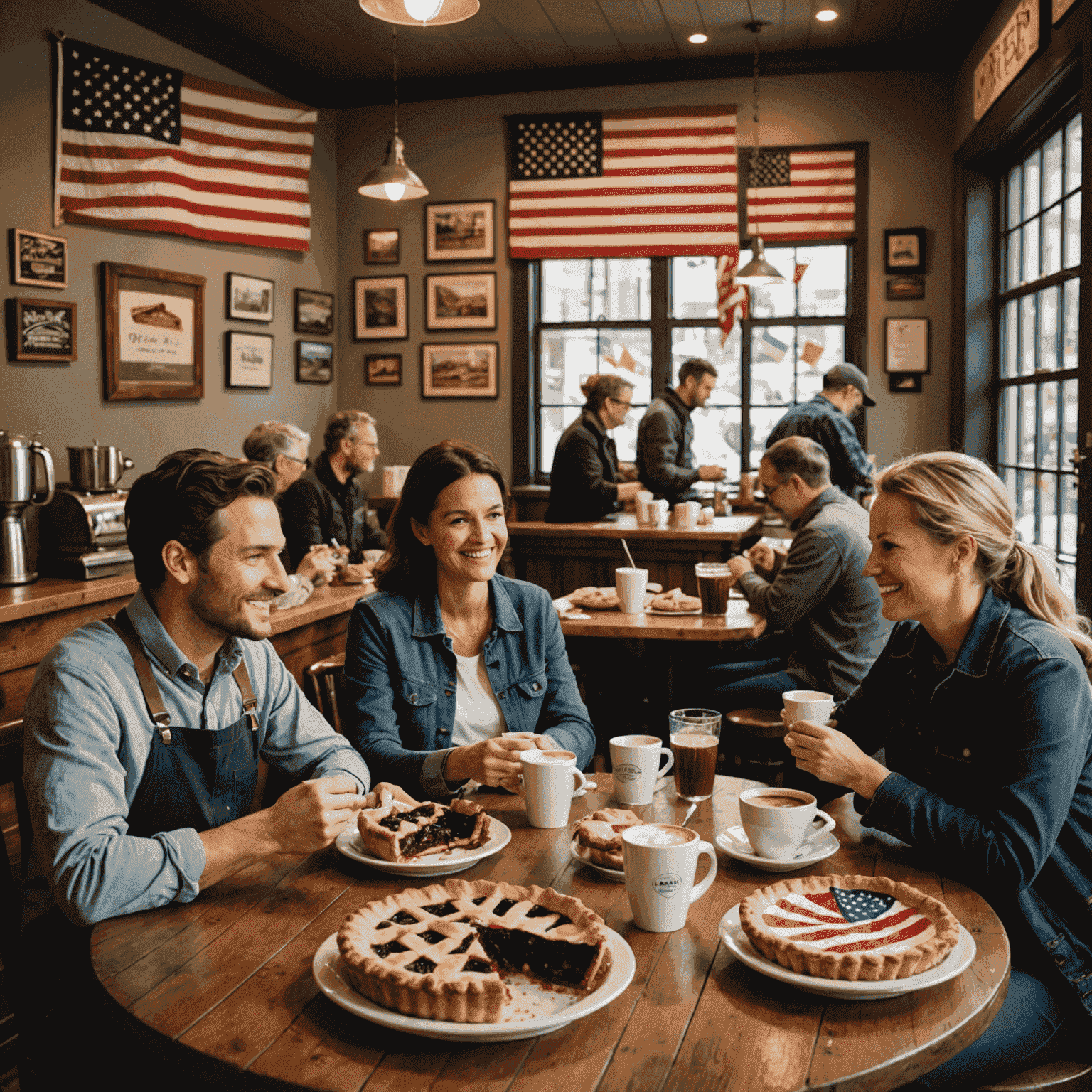 A diverse group of customers enjoying pies and coffee in the cozy interior of Merier Bakery, with American and Canadian flags subtly incorporated into the decor