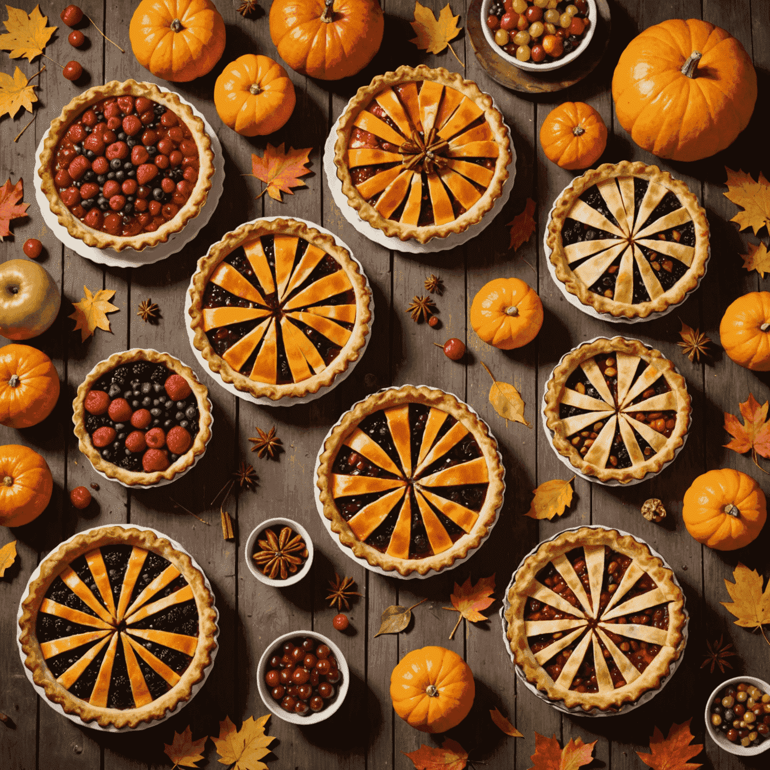 An assortment of colorful seasonal pies arranged on a rustic wooden table, decorated with fresh fruits and autumn leaves.