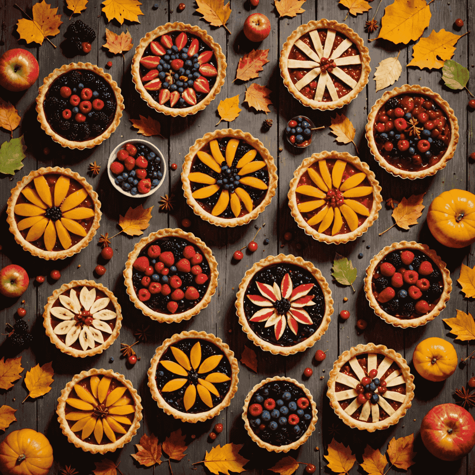 A collection of colorful seasonal pies showcasing fresh fruits and berries, arranged on a rustic wooden table with autumn leaves