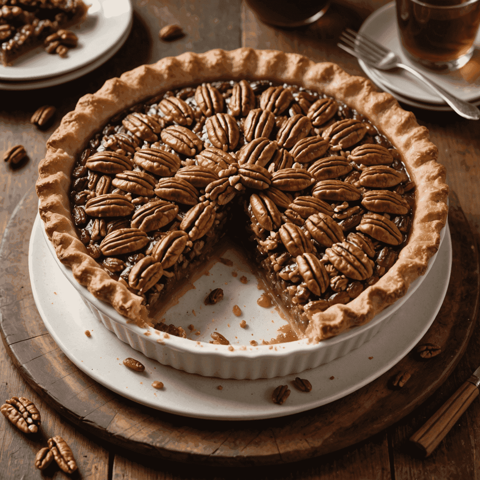 A rustic pecan pie with a glossy, caramelized top filled with whole and chopped pecans