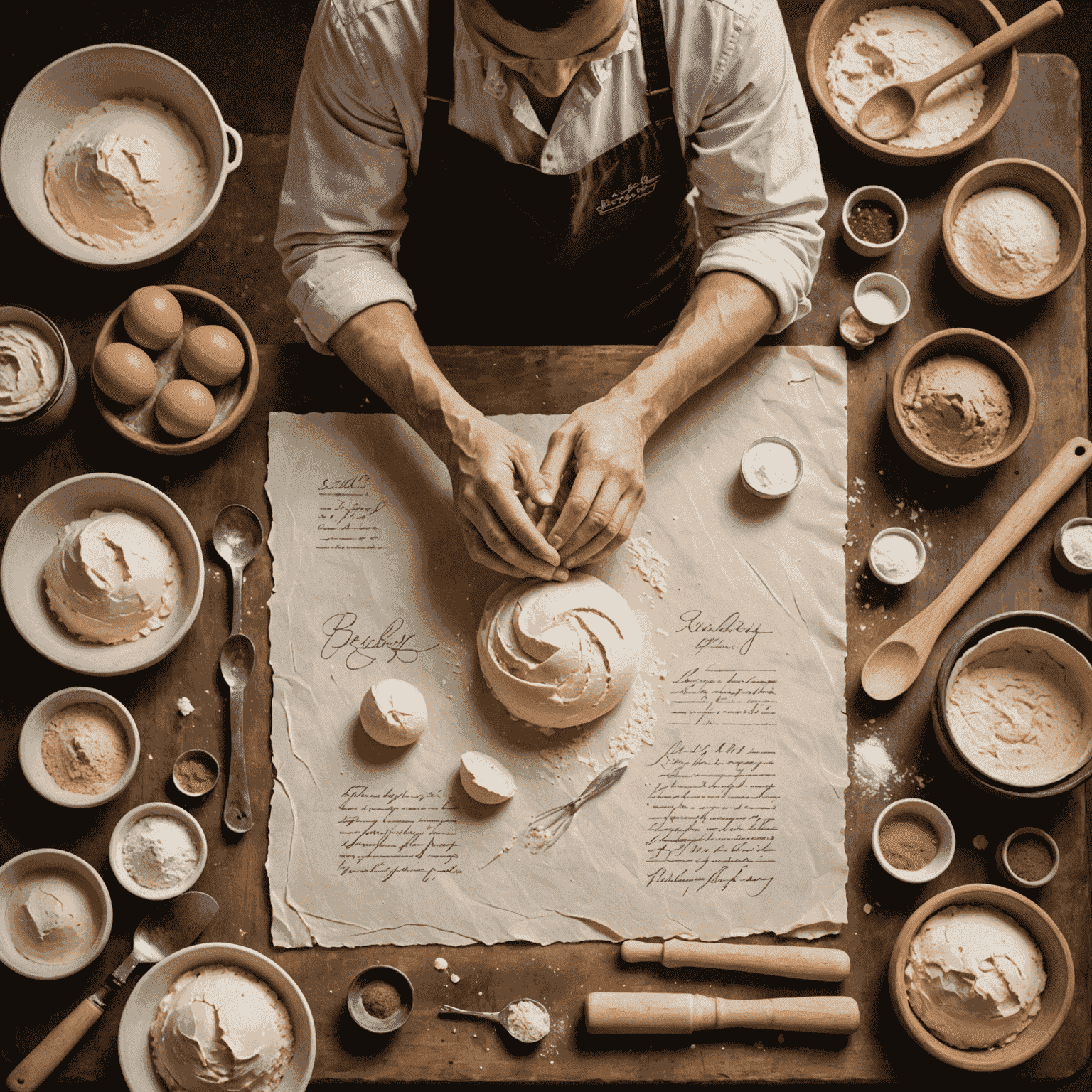 A baker's hands kneading dough, surrounded by baking tools, ingredients, and a handwritten recipe book