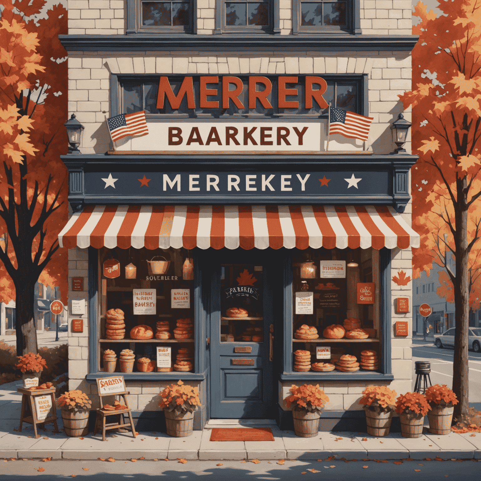 A cozy bakery storefront with Canadian and American flags, surrounded by maple trees and a sign reading 'Merier Bakery'